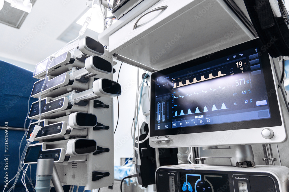 Obraz premium Anesthesia and patient monitoring equipment used during surgery in a modern operating theatre.