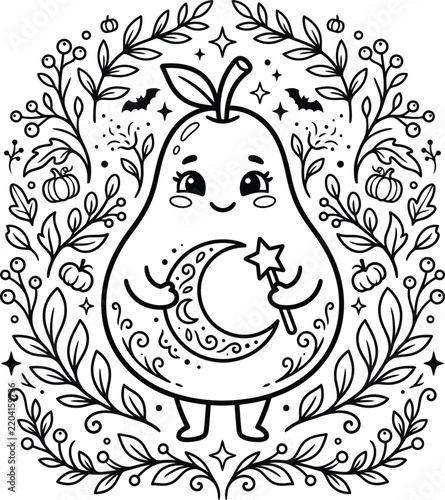 Cute Magical Pear Character Halloween Coloring Page Vector Line Art Design