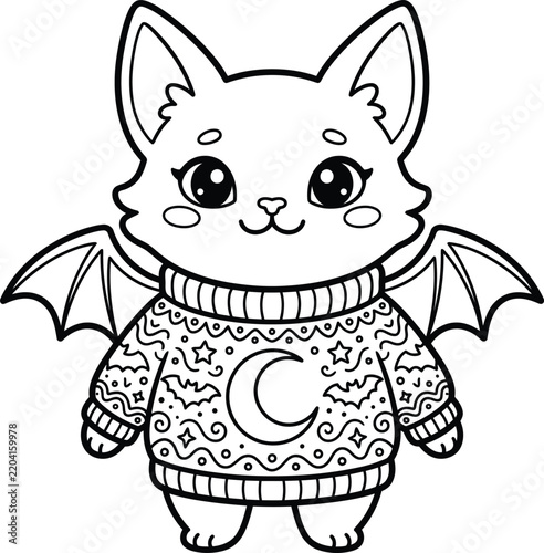 Cute Cat with Bat Wings in Sweater Halloween Coloring Page Vector Line Art