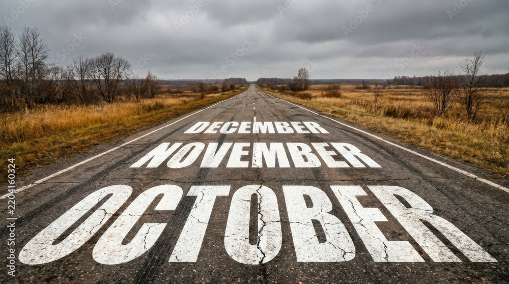 Naklejka premium October, November, December text on a long, empty, cracked asphalt road leading into the distance under a dramatic cloudy sky