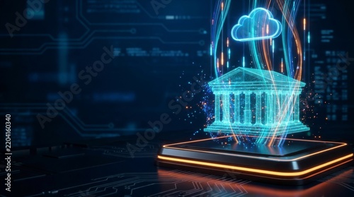 Digital bank building hologram with cloud computing icon emerging from a smartphone, symbolizing online banking and financial technology transformation