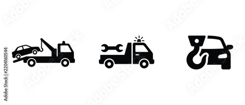tow truck and car recovery icons featuring flat design style for vehicle assistance graphics