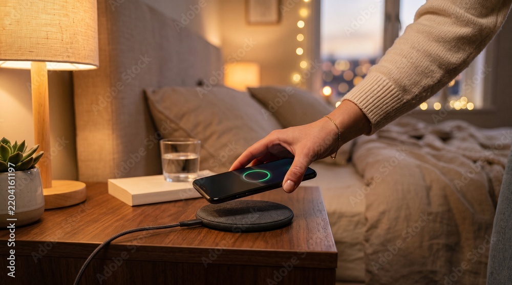 Fototapeta premium Smartphone Wireless Charging on Nightstand Photo