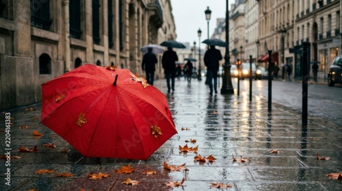 Bright red umbrella lies abandoned on a wet city sidewalk with fallen autumn leaves and blurred pedestrians in the background on a rainy day