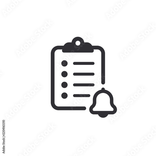 Minimal checklist icon with a clipboard and notification bell, representing tasks, reminders and productivity. Suitable for UI design, apps, planning tools and organizational graphics.