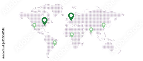  World Map with Green Location Pins Vector, Dotted Global Map Showing Business Locations and Worldwide Network Points