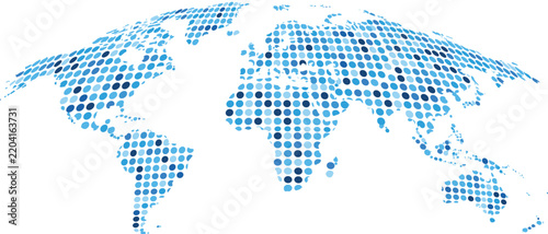 Blue Halftone World Map Vector, Curved Dotted Global Map with Perspective View for Technology and Business Background