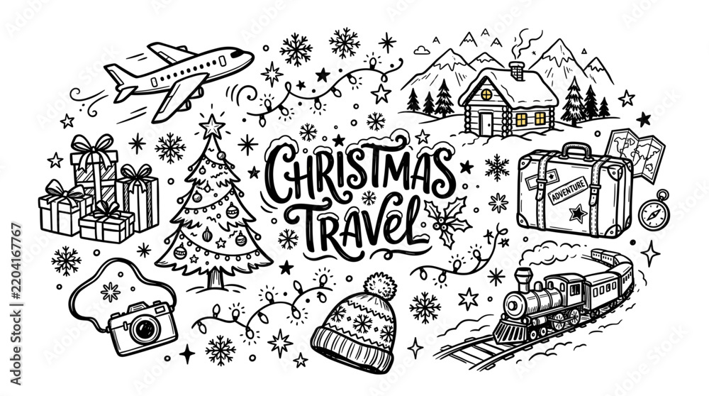 Fototapeta premium Christmas Travel Hand Drawn Doodle Illustration
