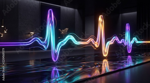 Glowing neon heartbeat line illuminated with multicolored lights sound wave abstract