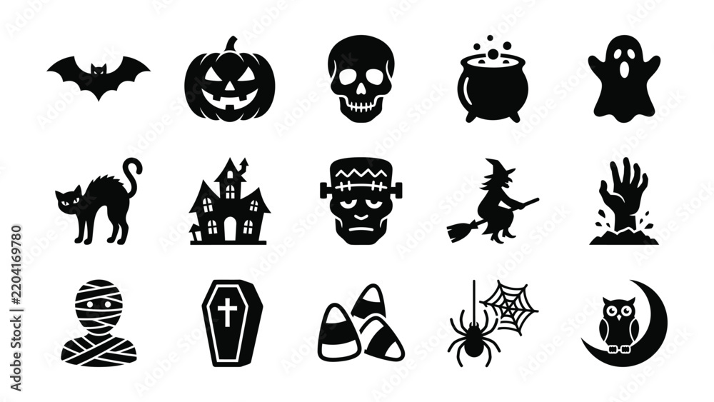 Obraz premium Spooky Halloween Icons: A collection of classic black and white Halloween icons including a bat, jack-o'-lantern, skull, cauldron, ghost, cat, haunted house, monster, witch, zombie hand, mummy.