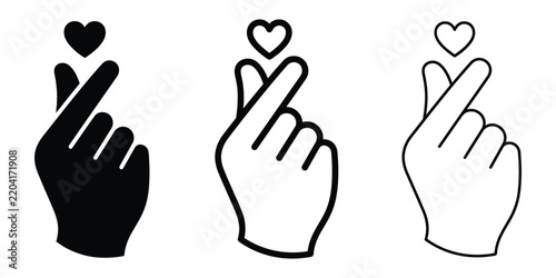 Korean heart icon silhouette vector, bold outline and line art isolated illustration