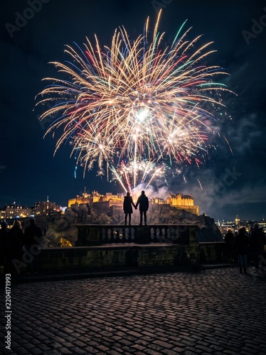 Couple watching fireworks during New Year's celebration in Edinburgh  