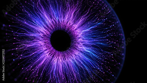 Abstract eye iris structure with radiating neon light strands in purple and blue on black background technology concept