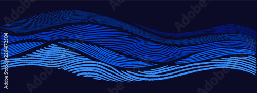 Abstract river waves create flowing blue water texture with elegant geometric art lines. Vector color backdrop perfect for nature calm poster, elegant graphic fluid print