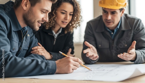 Construction professionals collaborate on building plans, one man pointing at architectural drawings