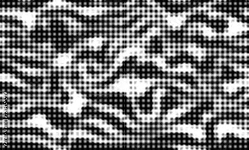 bstract black and white halftone background with dense circular dots, organic shapes and flowing patterns, creating a bold monochrome texture for modern graphic design and creative projects.