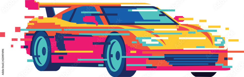 Fototapeta premium Futuristic Glitch Sports Car with Colorful Speed Effects Vector