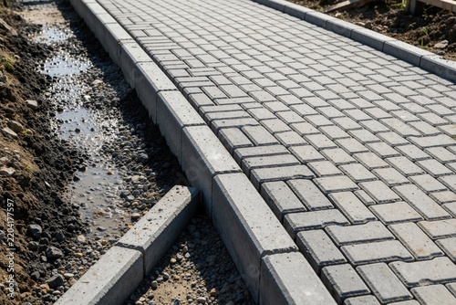 New paved walkway features concrete curbing next to dirt ground. Crew works on urban pathway drainage repair near fresh pavers. Construction site progress shows alignment improvements.