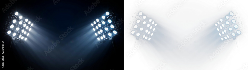 Naklejka premium Collage of two stadium floodlights with glowing light beams, one on dark black and one isolated on transparent background