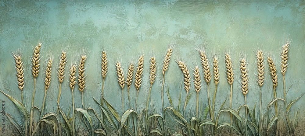 Obraz premium Elegant Wheat Stalks Growing in Pastel Seafoam Green Watercolor Design with Floral Texture Motif.