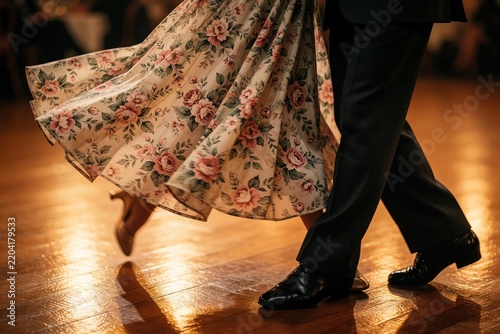 Close up of dancing couple legs on wooden parquet floor. Woman wears floral skirt, high heels man moves in black suit trousers, formal shoes. Romantic ballroom dance motion with elegant footwork in