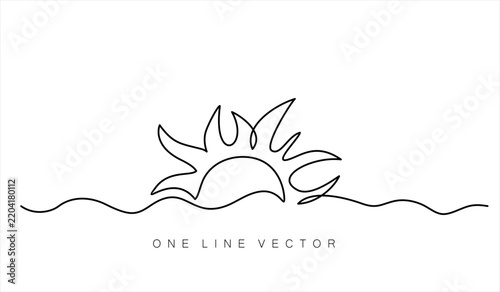 Continuous one line drawing of a sunrise or sunset over waves, nature and hope concept, hand drawn customizable vector, ready to use