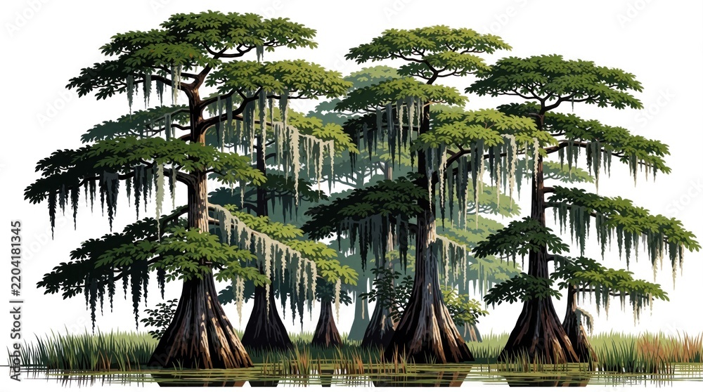 Obraz premium Modern illustration of cypress trees in swamp. Spanish moss hangs from green branches over calm water in wetland marsh. Tropical forest landscape with tall trunks, marsh grass. Nature elements for