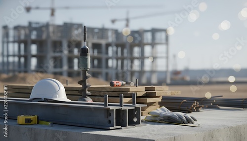 Construction site tools and building materials lie on concrete with new structures in background