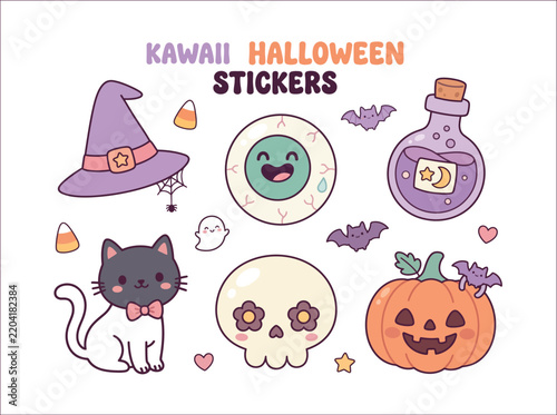 Kawaii Halloween Character Set with Spooky Candy and Magical Elements