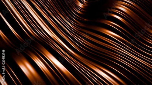 Looped elegant background with smooth glossy waves resembling melted caramel or chocolate. Orange brown fluid substance with dimensional stripes and bright metallic reflections. Seamless loop 4K 60fps