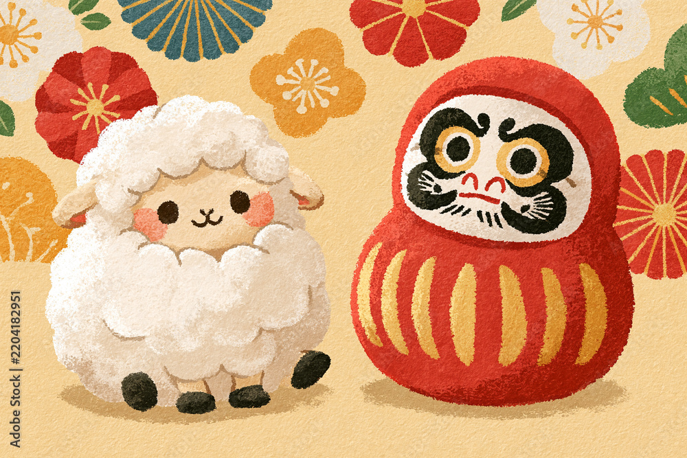 Obraz premium Cute Lamb and Daruma Doll with Japanese New Year Decorations