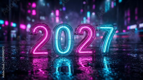 Glowing pink and blue neon sign numbers forming the year 2027 resting on a wet street pavement at night with reflections and blurred city lights in the background.