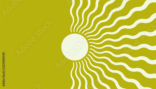 A minimalist graphic design featuring a solid olive green background with a central white circle and radiating wavy white lines extending to the right