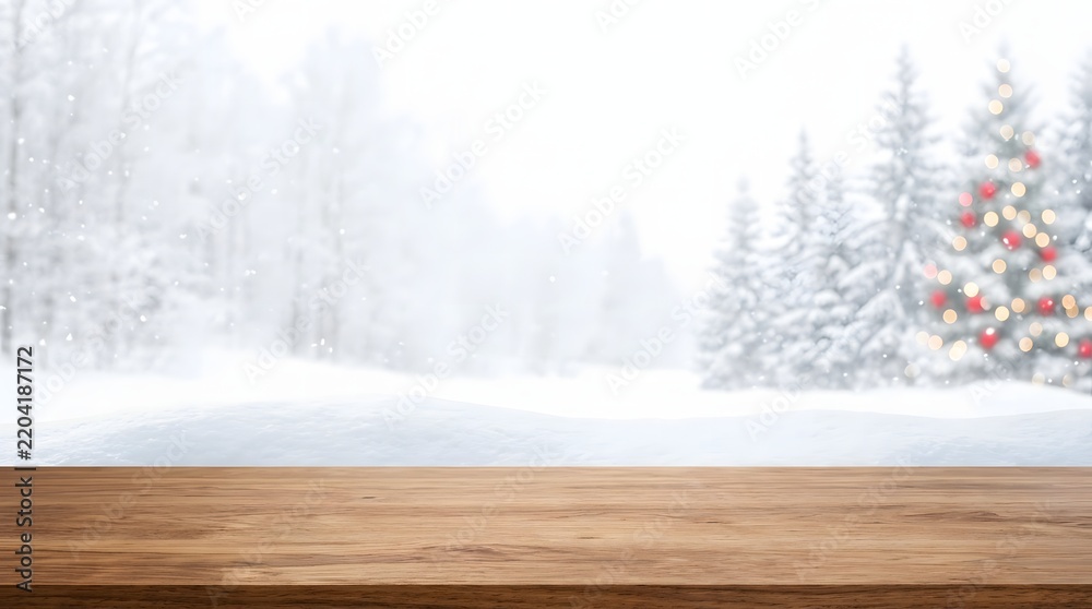 Obraz premium Christmas holiday decorations on a wood surface with copy space. winter snowfall view