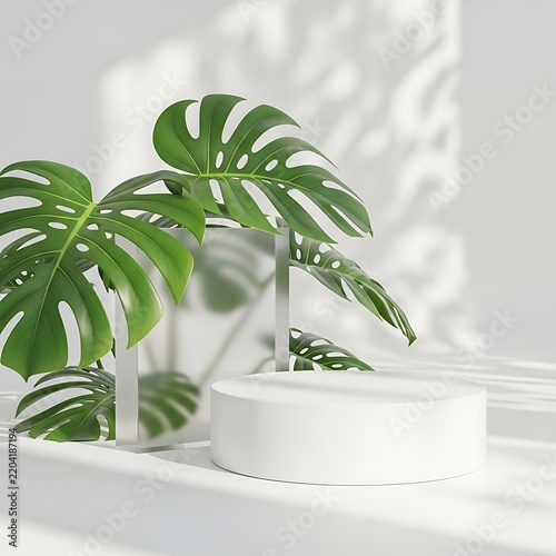 Podium product display with tropical monstera leaves background