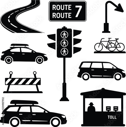 Black and white road sign icons set featuring traffic signals, vehicles, and toll booths for transportation design projects