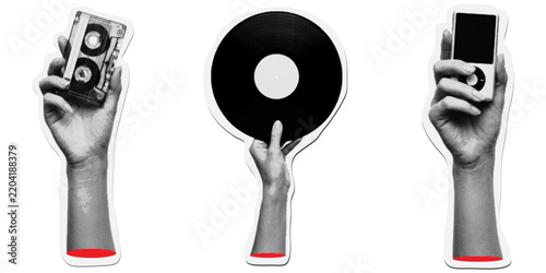 Halftone pop art hands set holding music media cassette tape vinyl record and player
