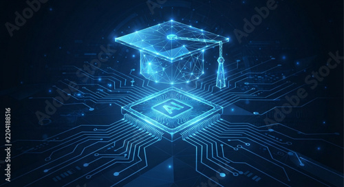 Futuristic digital AI education concept with a glowing graduation cap floating above a central computer processor chip on a blue circuit board background.