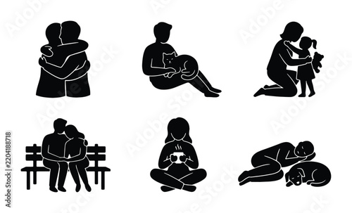 Family Love and Connection Icons: Hugs, Care, Pregnancy, Companionship, Comfort, 6 Vector Graphics