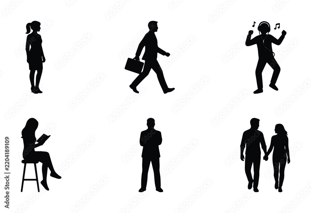 Obraz premium Diverse Human Silhouettes: Business Man, Woman Reading, Couple Walking, Dancing Figure, Standing Woman
