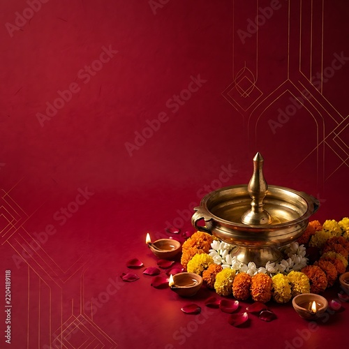 Traditional oil lamp with flowers on red background