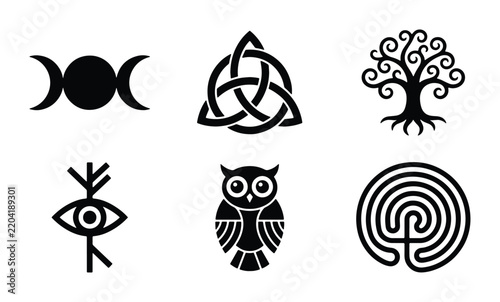 Mystical Symbols Vector Icons: Triple Moon, Celtic Knot, Tree of Life, Eye Rune, Owl, Labyrinth