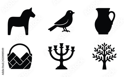Scandinavian Dala Horse, Bird, Pitcher, Basket, Candelabra, Tree Icons: Folk Art Symbols Vector Set