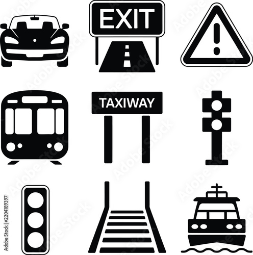 Black and white transportation icons set featuring car, bus, ferry, and road signs for travel and navigation design