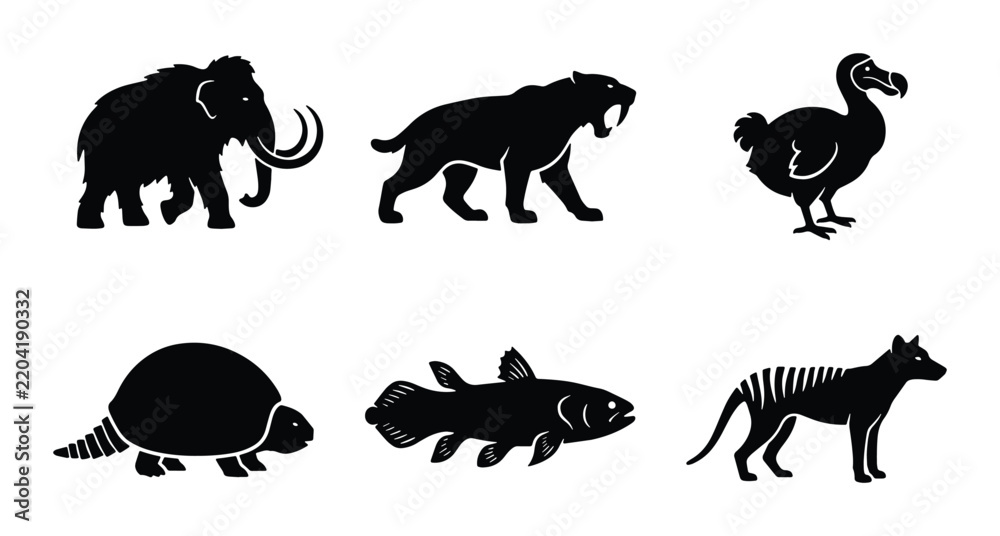 Fototapeta premium Extinct Animals Silhouette Collection: Mammoth, Saber-Toothed Cat, Dodo, Dinosaur, Coelacanth, Thylacine Vector Icons