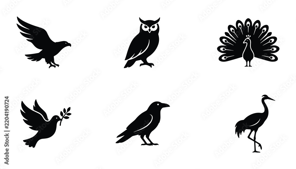 Fototapeta premium Elegant Bird Silhouettes: Eagle, Owl, Peacock, Dove, Crow, Crane Icons for Nature and Wildlife Designs