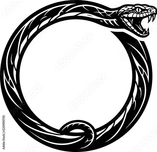 Ouroboros Snake Circular Frame Silhouette Vector Logo Illustration