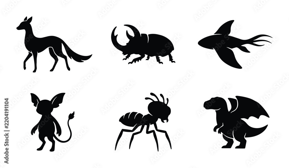 Fototapeta premium Mythical Creatures and Animals Silhouette Collection, Fantasy Beasts Vector Icons, Dark Fantasy Character Set