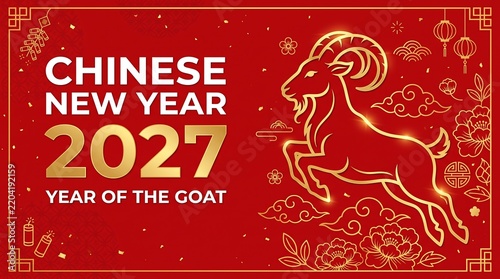 Chinese New Year 2027 banner with traditional oriental cloud patterns, flowers, lanterns, firecrackers, and golden typography for the Year of the Goat.