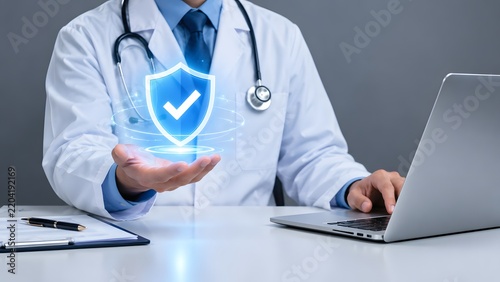 Healthcare security and data protection a doctor safeguarding patient information with advanced digital technology and cybersecurity measures in a modern hospital setting